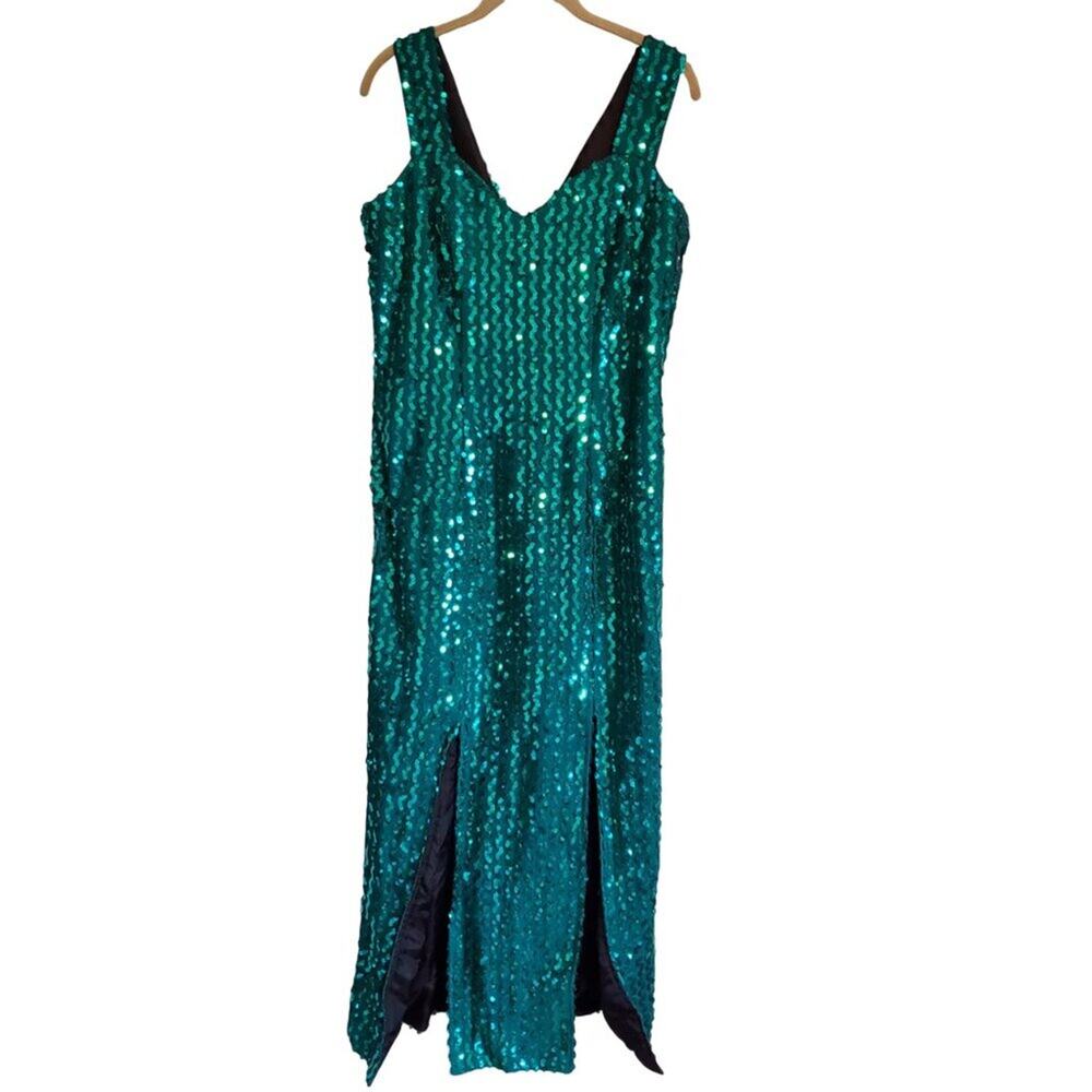 Vintage 80s Teal Sequin Embellished Sleeveless V Neck Mermaid Maxi Dress